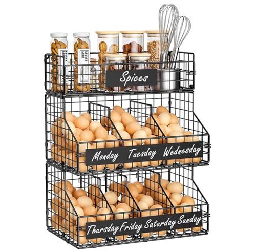 Egg Holder for Countertop/Worktop, Large Capacity 3 Tier Egg Storage Rack with 5 Adjustable Dividers, Wipe-Clean Labels & Erasable Pen, Carbon Steel Egg Organiser for Weekly Sorting