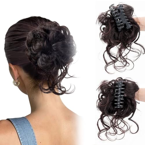 GWAWG Messy Bun Hair Piece，HAIR Claw Clip Short Ponytail，Synthetic Fake Hairpieces，Wavy Curly Claw Clip Hair，Light rown, Dark Brown, Black, Gold Wig Piece (dark brown)