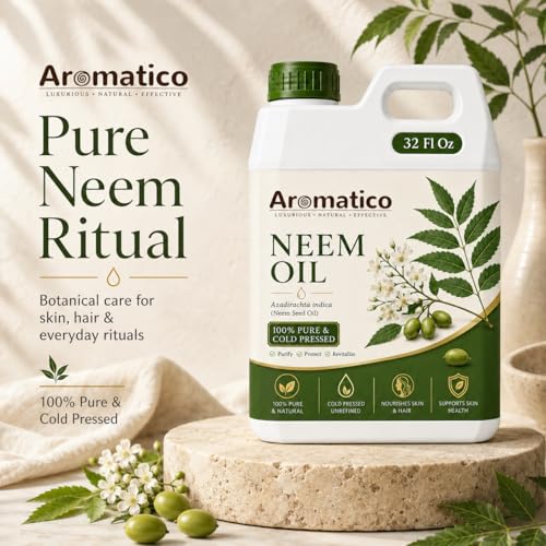 Image of AROMATICO Neem Oil for Skin, Hair and Body Care, Multipurpose Carrier Oil for Massage, Scalp Care, Dry Skin Routine, DIY Beauty and Natural Glow - 946 ml