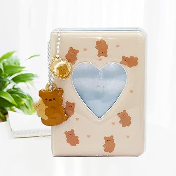 3" Mini Photo Album Kpop Photo Card Binder Photo Card Holder Book Collection Book Love Heart Hollow Photo Card ID Holder with Love Heart Pendant 32 Pockets Brown Bear
