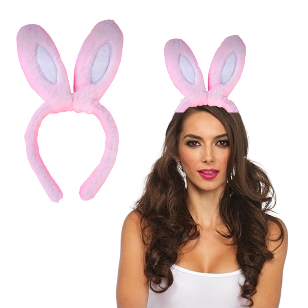 Wanna Party Plush Bunny Ears Headband, Pink & White Rabbit Ears Hair Bands Easter Bunny Ears Easter Accessories for Kids Adult Bachelorette Halloween Cosplay Party (Pink &White)