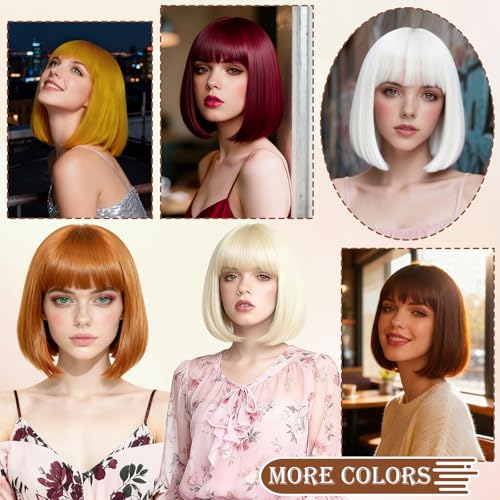 Image of PLULON Maroon Short Bob Wig with Bangs for Women, Colorful Neon Short Bob Synthetic Hair Wigs with Hair Cap Heart Sunglasses for Adults Men Daily Bachelorette Halloween Costume Party Supplies