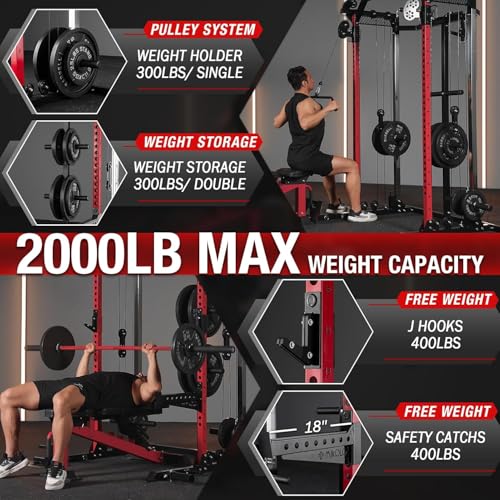 Image of Mikolo Power Cage, 2000LB Power Rack with Independent Dual Pulley System, Multi-Function Home Gym Workout Machine for Cable Crossover and Squat