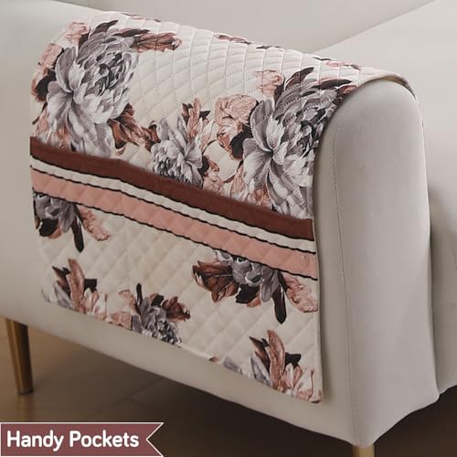 Image of HOKIPO 'LiefNest' Printed Holland Velvet Sofa Armrest Covers | 1 Pair | Chrysanthemum Bloom Soft Beige (IN-827-L-D6*2)