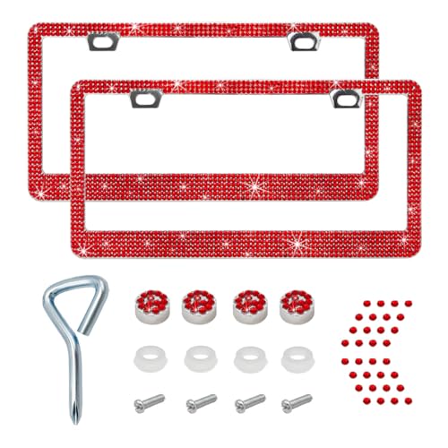 Ziciner Bling License Plate Frame, Sparkly License Plate Tag Cover with Multifaceted Rhinestones, Stainless Steel Crystal License Plate Holder, Universal Exterior Car Accessories (Red, 2PCS)