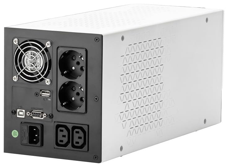 شاته view of the LEGRAND Keor SP 310190 UPS, showing two grounded Schuko outlets, two IEC outlets, a USB port, and a communication port, along with the cooling fan.