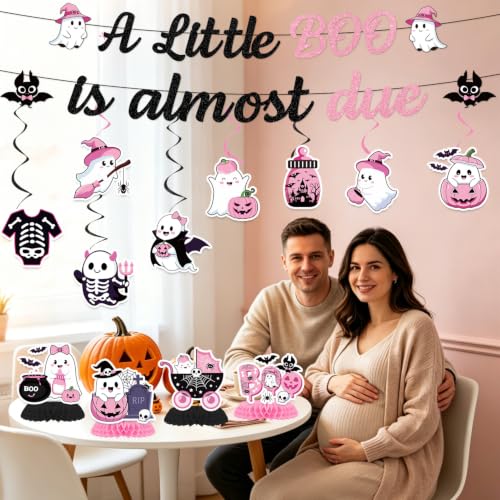 Image of Pink Halloween A Little Boo is Almost Due Baby Shower Decorations