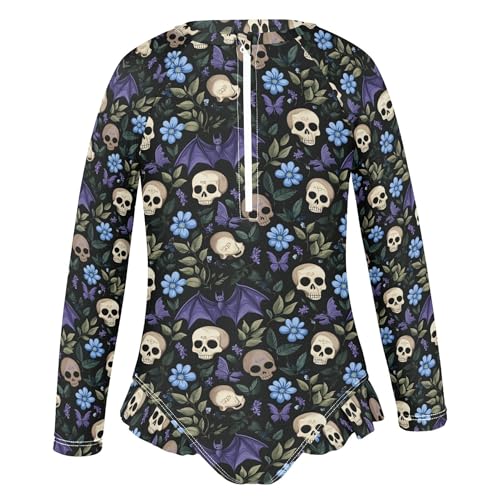Skull Bat Flower Girls Long Sleeve Rashguard Swimsuit UV Protection One-Piece Swimwear Bathing Suit B04044172