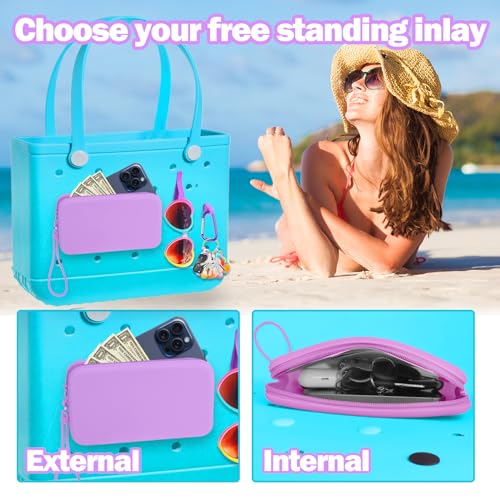 Image of Mity rain Silicone Wallet for Bogg Bag Phone Holder | Accessories Set for Bogg Bag Contain 2PCS Key Holder and Large Capacity Silicone Zipper Bag for Beach Bags Tote Bag (Purple)