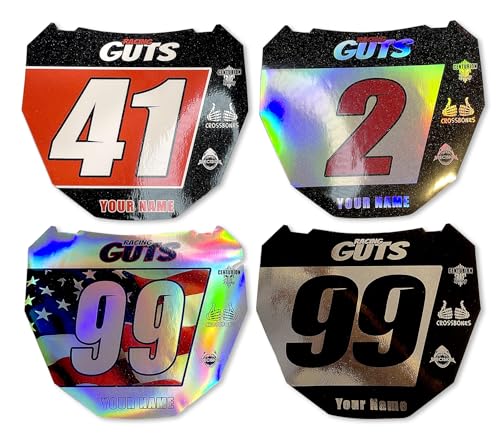 Custom ODI DH Size EBike Number Plate Sticker Decal Racing Guts Design Personalized with Name & Number Multicolor Eye-Catching Design for Surron in Holographic Chrome or White Vinyl.