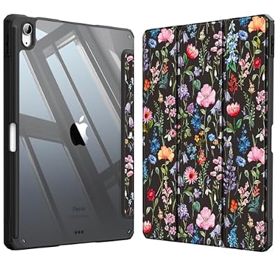Fintie Hybrid Slim Case for iPad Air 11-inch M4/M3/M2 (2026/2025/2024), iPad Air 5th/4th Generation (2022/2020) 10.9 Inch - Shockproof Cover with Clear Back Shell & Pencil Holder, Black Floral