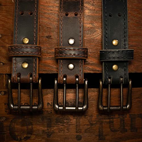 Men’s Classic Leather Belt, Double Prong Retro Style, Antique Brass Buckle, 1 ½” Width, Amish handmade in the USA2