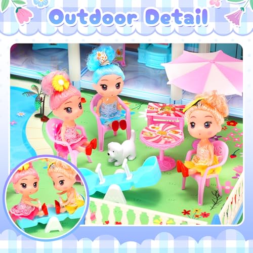 Image of AmiDear Dollhouse with 4-Story 11 Rooms, Dream Gift Princess Doll House Playset with Furniture, Blue Toddler House with Pool Slide for 3 4 5 6 7 8 9 10 Year Old Girls Kids