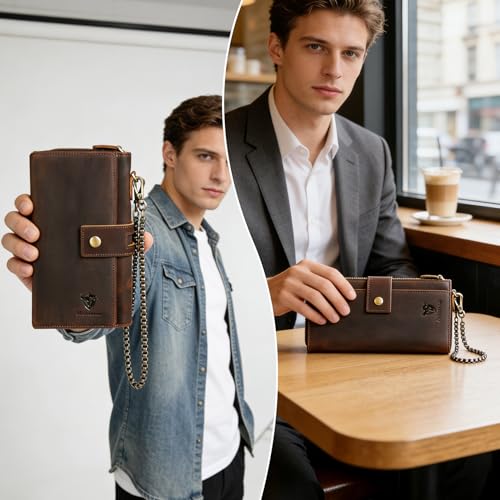 Image of Genuine Crazy Horse Leather Travel Gift Coin Pocket Card Case Long Organizer Chain Rfid Wallet Purse With Snap For Men Male 1803 1815 (W-1819-Brown)