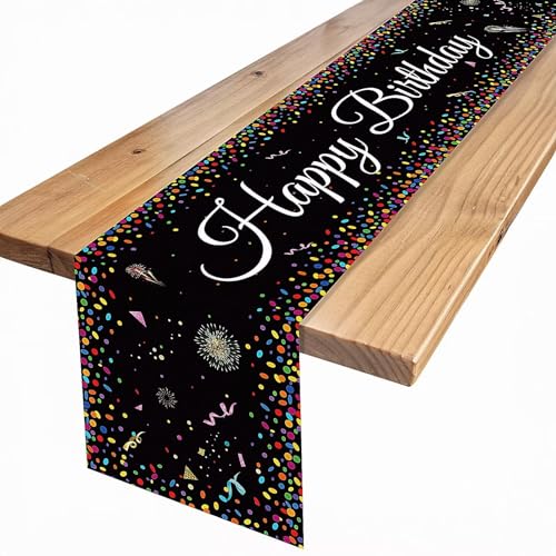 Table Tischläufer Geburtstag, Geburtstag Tischläufer Schwarz Tischdeko Geburtstag, Happy Birthday Tischläufer Tischdecke, Tischdekoration Geburtstag für Frauen Männer Geburtstag Dekoration