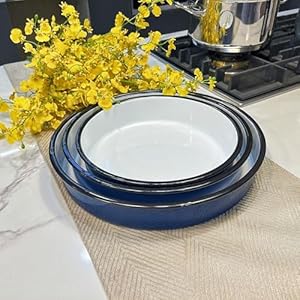 3 Piece Roasting Pans Round Roaster Pan Blue Baking Pans Set 1012614inch Enamel Roasting Pan For OvensRoast Chicken BeefCake PansEasy to Clean High Temperature Resistant Bake Ware Gift