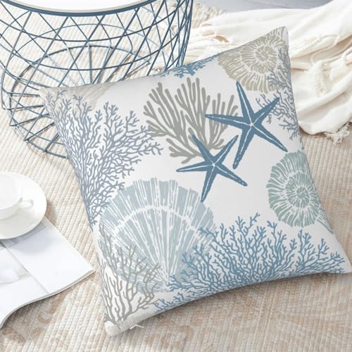 Tebjh Nautical Coastal Beach Pillow Covers 18x18 Set of 2, Ocean Themed Seashell Coral Starfish Throw Pillow Covers Outdoor Decorative Pillow Case for Couch Bed Sofa Cushion Home Decor - Image 2