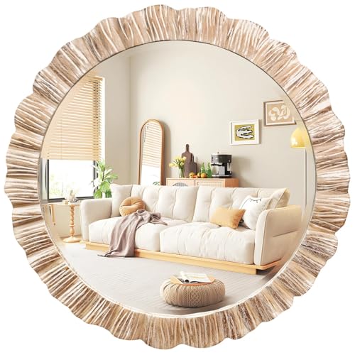 GIFTTROVE 35' Wood Round Mirror, Rustic Wall Mirror with Thick Frame, Large Round Mirrors for Wall Decor, Wooden Circle Beveled Mirrors for Entryway, Farmhouse, Washed White