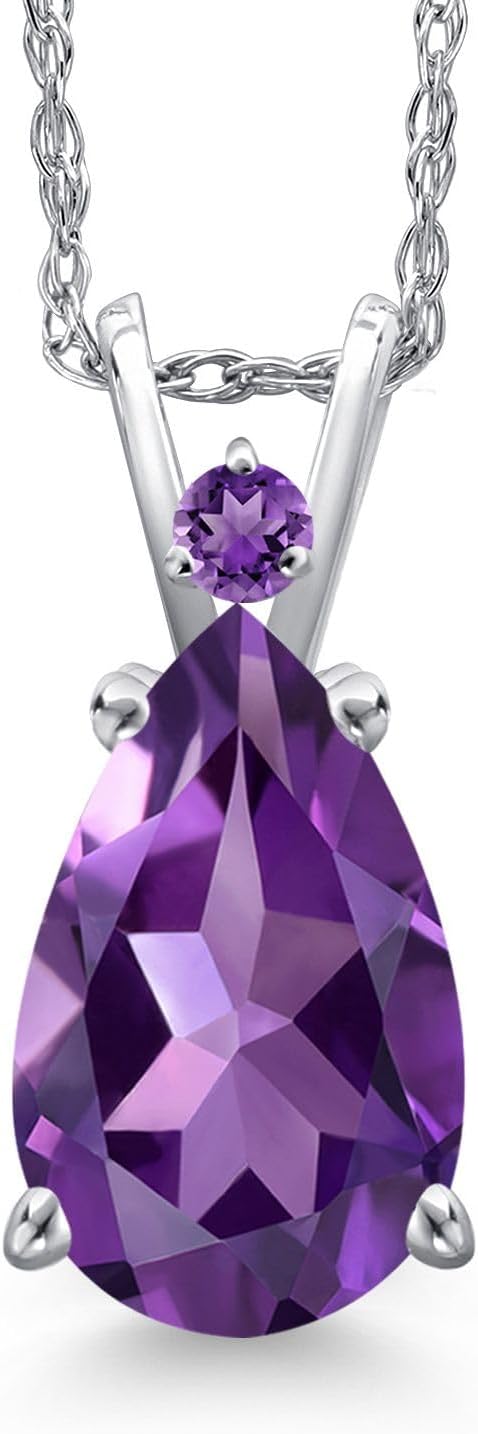 Gem Stone King 14K White Gold Purple Amethyst Pendant Necklace for Women | 2.67 Cttw | Gemstone February Birthstone | Pear Shape 12X8MM | With 18 Inch Chain