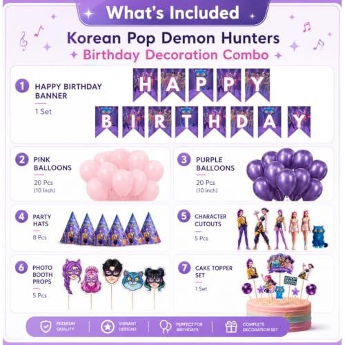 Image of Wanna Party Korean Pop Demon Hunters Birthday Decoration Kit | Happy Birthday Banner, 40 Pink & Purple Balloons, 8 Party Hats, 5 Character Cutouts, 5 Photo Booth Props & Cake Topper Set