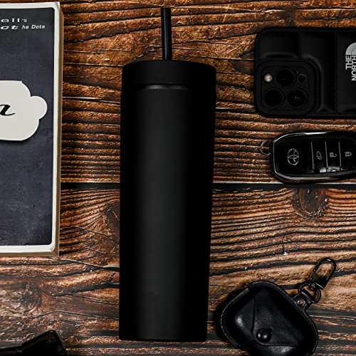 Ezhydrate Skinny Tumblers (4 Pack) - Black-16Oz Matte Pastel Colored Acrylic Tumblers With Lids And Straws | Double Wall Plastic Tumbler With Lid And Straw Bulk W Straw Cleaner Included #TOP3