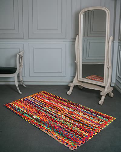 Hand Made Eco Friendly Recycled Braided Multicolor Chindi Cotton Rugs 3X5 Feet Rectangle Area Rugs - Boho Bohemian Area Rugs- Reversible Area Rugs- Braided Multi Chindi Cotton Area Rugs- Multi Colors #TOP7