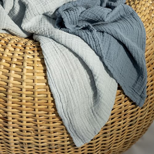 Image of Dreamology Muslin Blankets for Newborn,2 Pack,Muslin Cotton Blankets for Boys,Girls,100% Cotton,Soft and Breathable Baby Receiving Blankets Baby Boy,Girl, 44x44 Swaddle Blanket | Blue and Light Blue