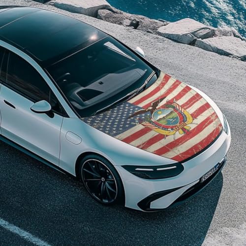 Image of Car Hood Cover American Flag and Ecuador Flag Theme Car Hood Protector Waterproof Universal Automotive Exterior Accessories Patriotic Decorations for Compact Vehicles Sedans Trucks SUVs