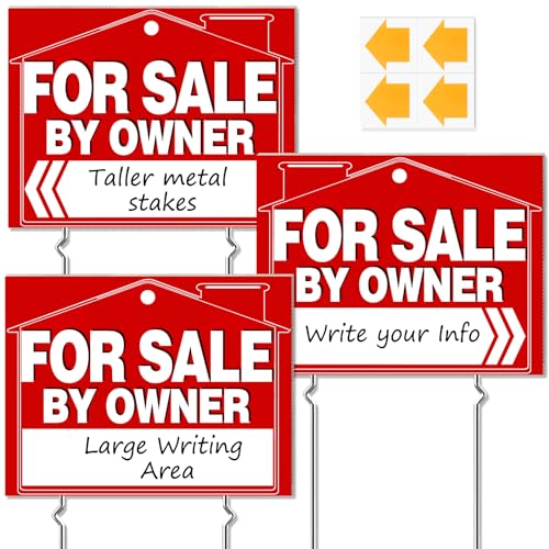 Cyrico For Sale By Owner Yard Sign 17 x 13 Inch Double-Sided Corrugated Plastic Weatherproof For Sale Yard Sign Car with Metal Stakes Arrow Stickers for Real Estate Home House Garage 3 Packs
