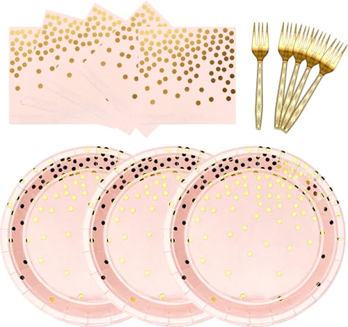 Serve 25 Guests Gold Paper Plates and Napkins Party Supplies 7 Inch Paper Plates Disposable for Bridal Showers Birthday Wedding (Pink Gold)