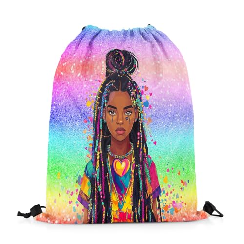 Image of jejeloiu Cute Black Drawstring Backpack 13x15.7inch African American Waterproof Gym Drawstring Bags Colorful Sports String Backpack Beach Swim Travel Bag Sackpack(No Glit