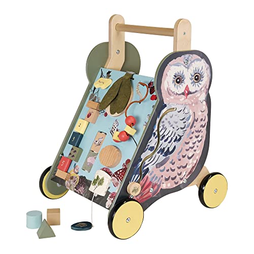 Image of Manhattan Toy Wildwoods Owl Wooden Push Cart with Shape Sorter and Basket, Serrated Oval, Spinners, Bead Run and More Medium