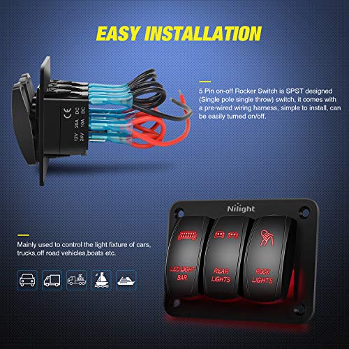 Nilight - 90128C 3 Gang Rocker Switch Panel Aluminum 5 Pin On Off Toggle Switch Panel Pre-Wired Rocker Switch Spst 12V 24V Switches For Marine Boats Cars Atvs Utvs #TOP2