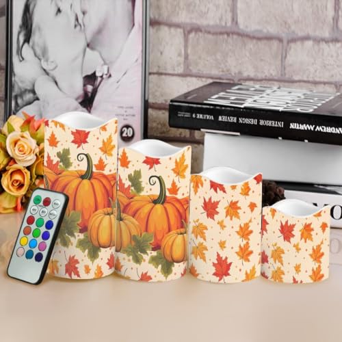 Image of Thanksgiving Day Color Changing Electric Candles | Pumpkin Flameless Candle Set with Remote Control, Battery Operated Fake Candles for Kitchen Room Home fall decor, 4 Pack