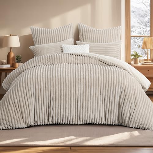 Aisbo Winter Warm bettwäsche 220x200 3teilig Beige - Cord Flauschige Flanell Winterbettwäsche Plüsch Teddy Fleece Cashmere Touch Bettbezug und 2 Kissenbezüge 80x80 cm mit Reißverschluss