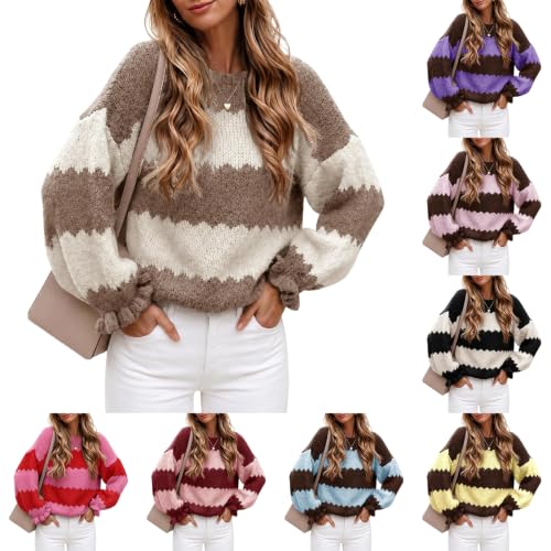 Striped Sweater Women Color Block Ruffle Sleeve Sweater Pullover Tops | Trendy Sweaters, Casual, Warm, Lightweight, Soft, Lounging, Office, Business Casual, Travel, Fall Outfits for Women - image 1