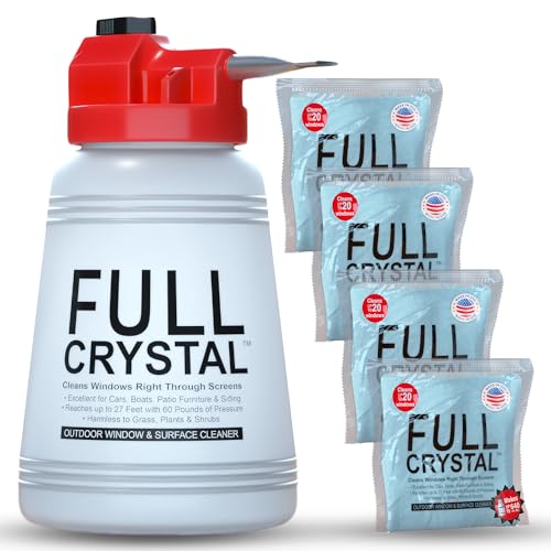 Full Crystal Window Cleaning Kit – 16 oz Glass Cleaner and Bottle with 27 ft Reach, Each 4 oz Bag Makes Up to 640 fl oz, Cleans Up to 80 Windows, Scrub-Free, Rinse-Free