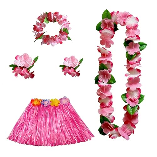 5 Pcs Hawaiian Fancy Dress Women Grass Skirt Hawaiian Outfits for Women Hula Skirt Costume Set Grass Skirts for Adults Flower Necklace Hawaii Leis for Summer Beach Tropical Decorations Supplies (B)