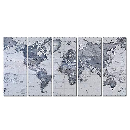 Image of iKNOW FOTO 5 Pieces Vintage World Map Canvas Prints Push Pin Wall Art Decor Trace Travel Marks The Map of The World Antique Framed Picture for Living Room Office 16x40inx5