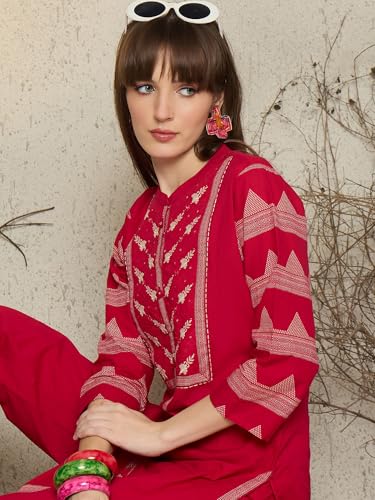 Image of INDO ERA Women's Pure Cotton Floral Printed Calf Length A-Line Kurta & Pant Set (IESTR10990)