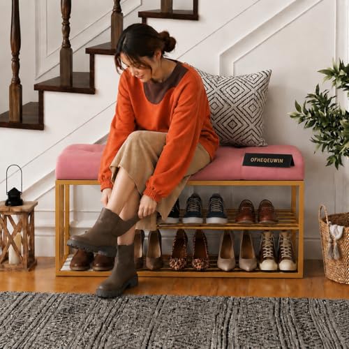 Image of Entryway Shoe Rack with Cushioned Seat, Shoe Bench for Entry, 2 Shelves Storage Bed Bench Pink
