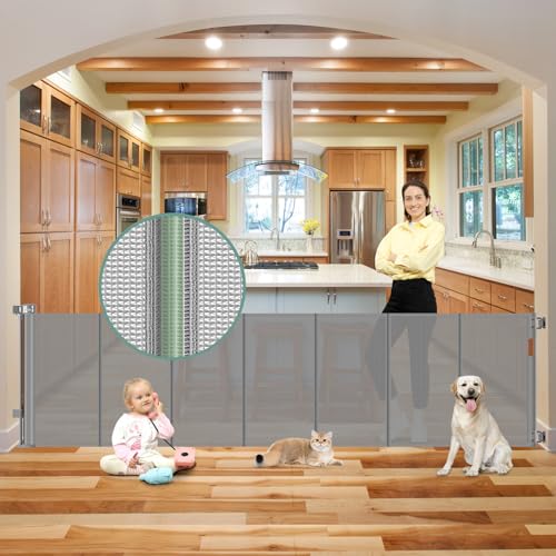 Image of Reinforced 100 Inch Extra Long Baby Gates for Large Openings to Prevent Crawling Under, No Bottom Bar Extra Wide Retractable Baby Gate for Stairs, 8 ft Mesh Child Gate for Parent/Pet Owner Use, Gray