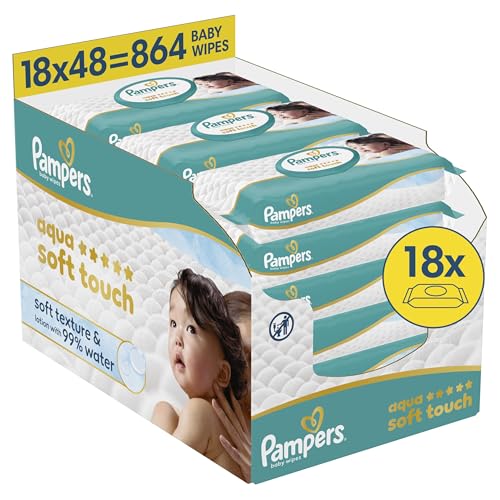 Pampers Aqua Soft Touch Baby-Feuchttücher, 18 Packungen mit 48 Feuchttüchern = 864 Baby-Feuchttücher, weiche Textur & Lotion mit 99% Wasser 1
