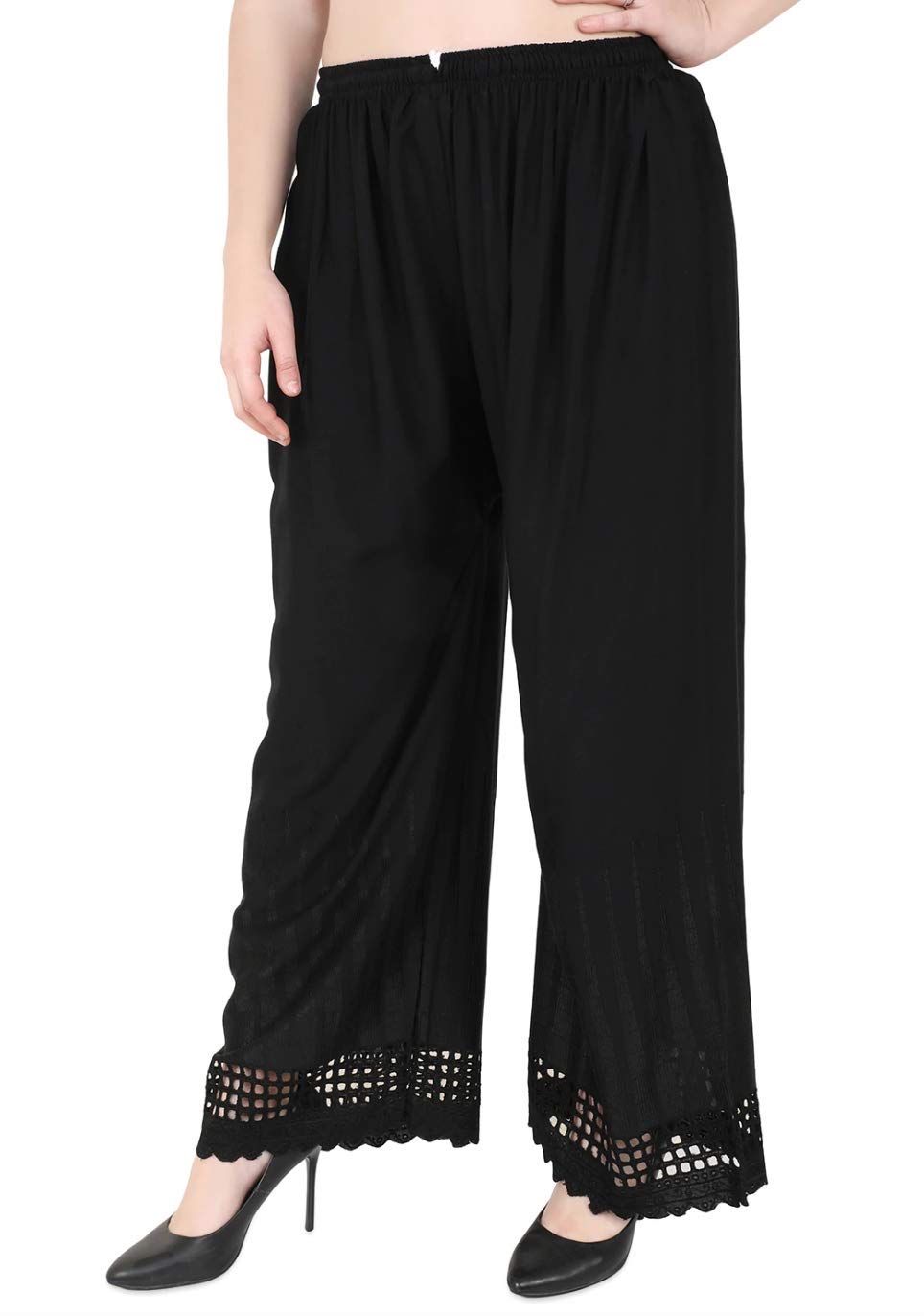 TNQWomen's Soft Rayon Chikan Cut Work Embroidered Palazzos (Free Size- Waist Upto 30" to 38")