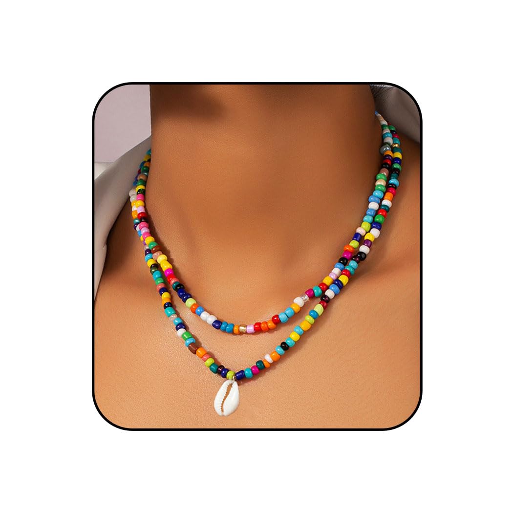 Jovono Collar con cuentas de concha estilo bohemio, cuentas de colores, con colgante adecuado para verano, para mujeres y niñas