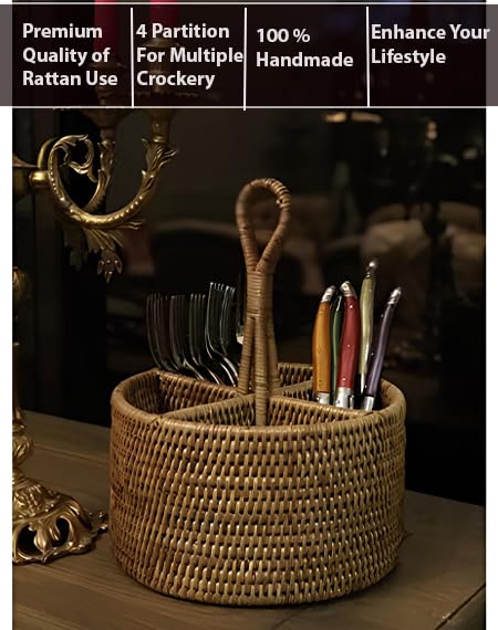 Image of AKWAY Bamboo Rattan Spoon Stand | Round Cutlery Holder | Kitchen Rack for Cafe & Resto-bar | Tableware Storage (6.5W x 6.5L x 5H Inches, Beige)