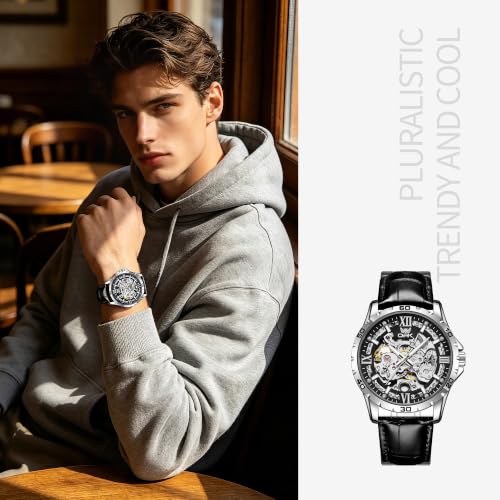 OPK Mens Automatic Skeleton Watch Blue Dial Black Dial Black - Image 7