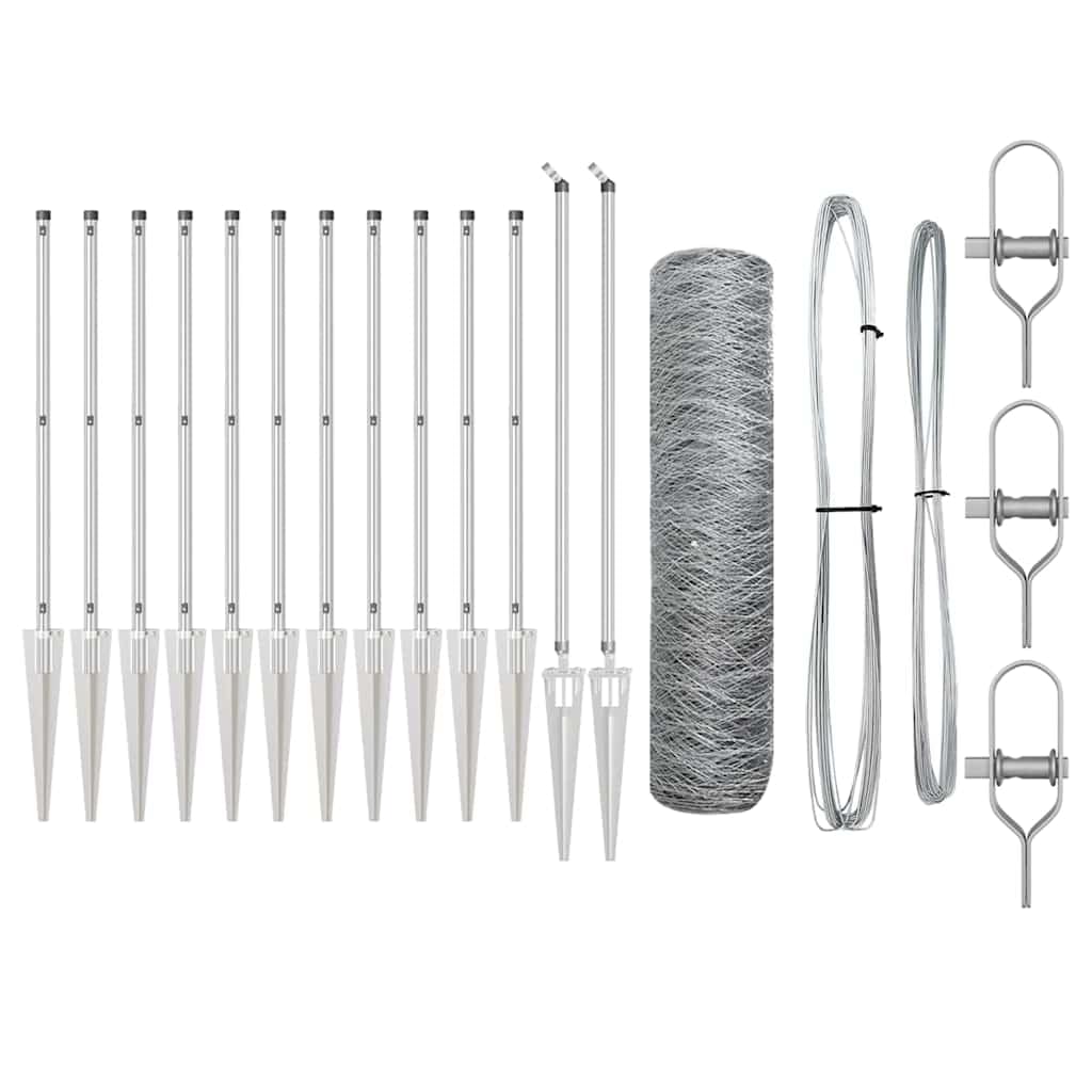 Galvanised Steel Fence Post Set Silver 10 x 0.6 m 36 mm Mesh Outdoor Garden Enclosure Barrier with Spike Posts Corrosion Resistant Security Fencing for Terrace Yard