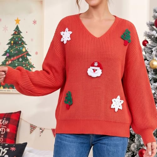 Christmas Sweater Christmas Tops for Women V Neck Sweaters for Women Orange - image 5