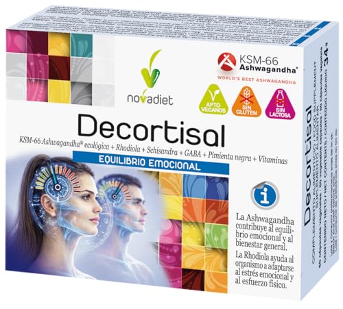 Novadiet - DECORTISAL Complemento Alimenticio con Ashwagandha Ecológica, Rhodiola, Schisandra, GABA, Pimienta Negra y Vitaminas – Para Estrés, Equilibrio Emocional y Bienestar General – 60 Cápsulas